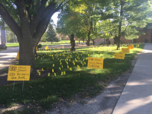 Flags outside Building 4 setup by Active Minds are reminders of suicide prevention