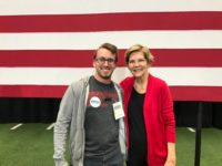 Elizabeth Warren, seen here with Chronicle staff writer Kaleb Schlatter, is known for staying after campaign events to connect with supporters.