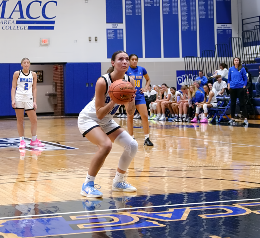 Sophomore Whitney Jensen lines up for a free throw against Anoka-Ramsey on Nov. 6, 2025. Photo by Malkijah Rashad