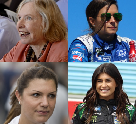 Starting top left, clockwise: Janet Guthrie, Danica Patrick, Katherine Legge, Hailie Deegan. All photos from Wiki Commons.