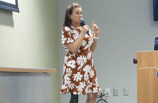 Roseann Sdoia lost her right leg as a result of the 2013 Boston Marathon bombing. She spoke to students as part of National Crime Victims' Rights Week on April 8 in Building 5.