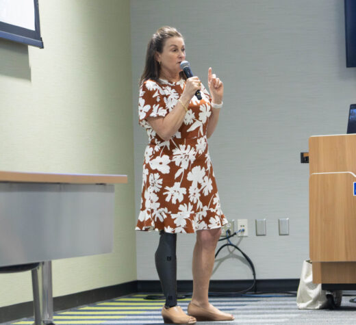 Roseann Sdoia lost her right leg as a result of the 2013 Boston Marathon bombing. She spoke to students as part of National Crime Victims' Rights Week on April 8 in Building 5.