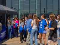 Students gather outside of Building 5
