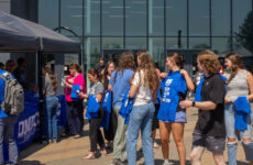 Students gather outside of Building 5